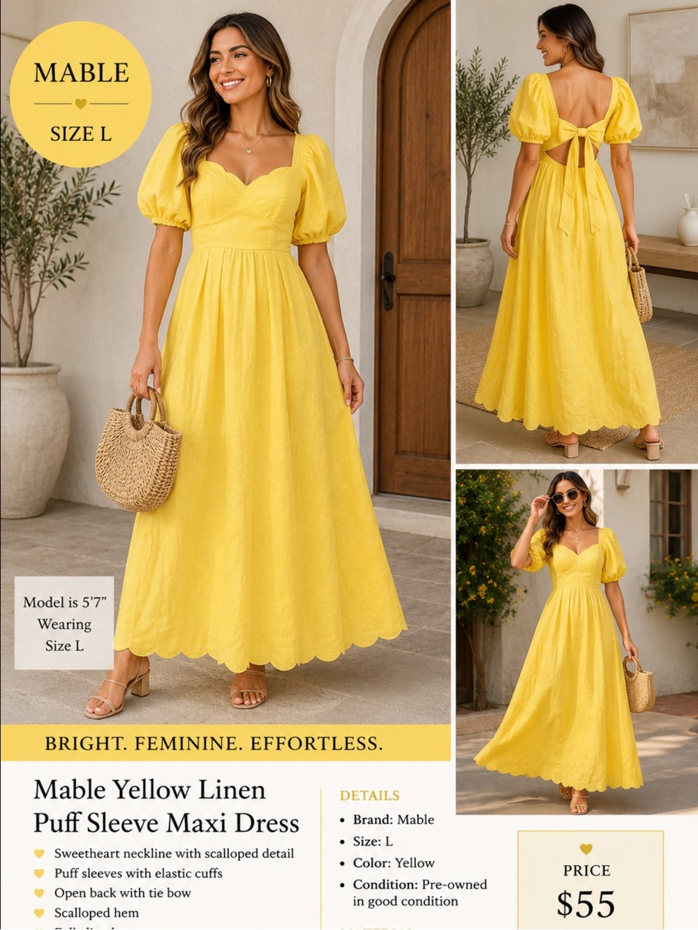 Mable Yellow Linen Puff Sleeve Maxi Dress Size L Open Back